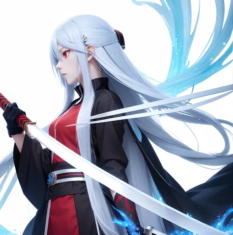 Girl with long white hair and red eyes with a sword, rimuru tempest, rimuru, anime moe art style, profile shot of rimuru tempest, sao style anime, advanced digital anime art, demon king, a throne