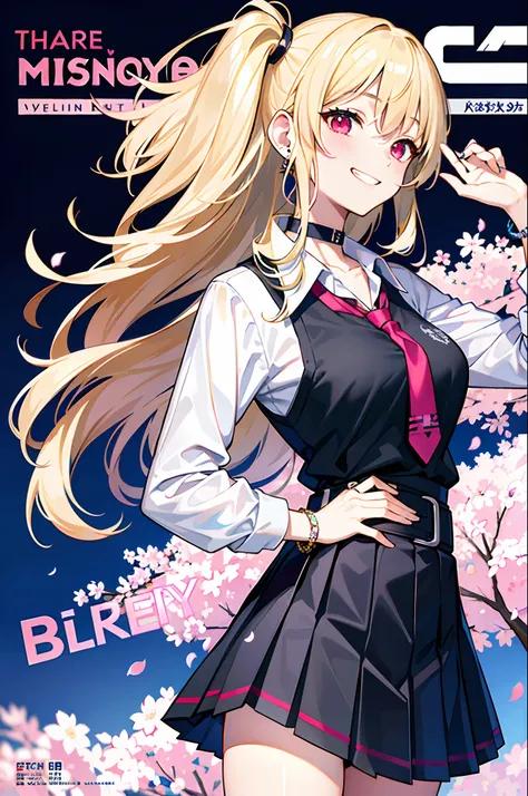 masterpiece, best quality, full body, 1girl, bangs, black choker, black necktie, blonde hair, blue skirt, blush, bracelet, breasts, choker, clothes around waist, collarbone, collared shirt, cowboy shot, dress shirt, ear piercing, eyebrows visible through h...