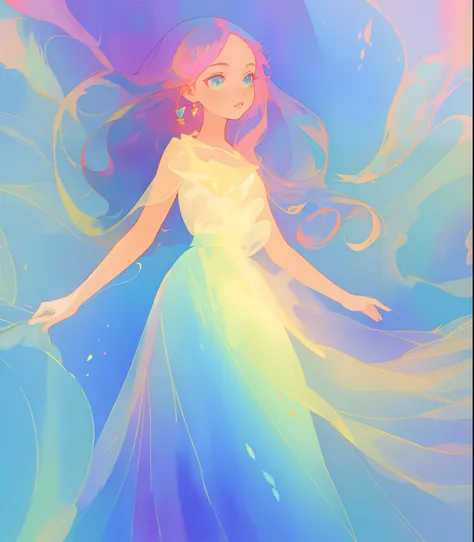 beautiful girl in flowing multi-layered colorful ballgown, long flowing colorful hair, vibrant pastel colors, colorful, watercolor illustration, masterpiece, best quality, sharp focus, intricate detail, highly detailed, 8k resolution, beautiful face, golde...