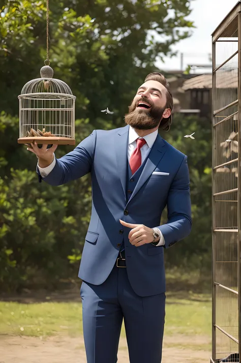 Beard man with suit releasing a bird from cage