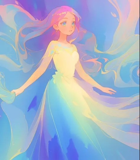 beautiful girl in flowing multi-layered colorful ballgown, long flowing colorful hair, vibrant pastel colors, colorful, watercolor illustration, masterpiece, best quality, sharp focus, intricate detail, highly detailed, 8k resolution, beautiful face, golde...