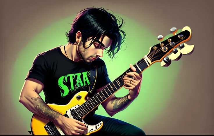 Homem cabelo curto arrepiado e barba baixa tocando guitarra stratocaster verde claro , with black pants and black shirt in Pixar style