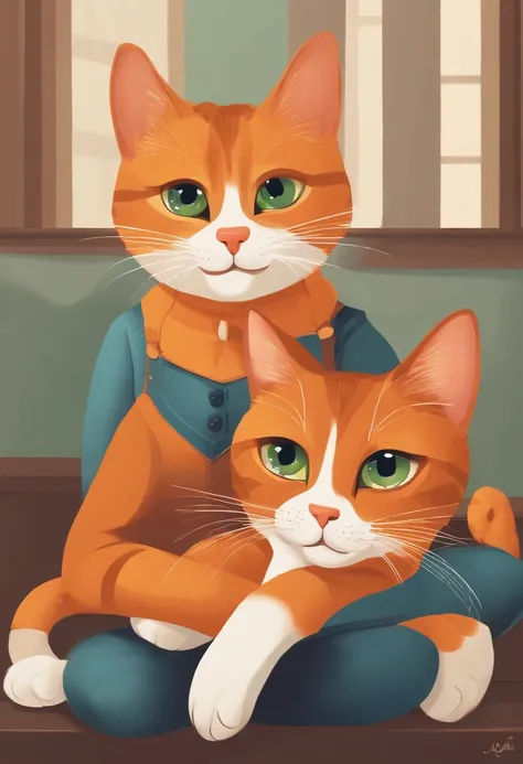 Pixar. Two Young Men Who Are A Gay Couple With Two Cats. O moreno tem cabelos pretos, olhos castanhos com 30 anos rosto comprido, cabelo curto. O outro menino jovem de cabelos loiro escuro, olhos verdes, nariz, fino. Theyre both smiling, com um gato laranj...