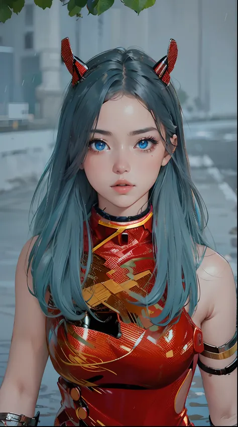 best quality, masterpiece, realistic, photorealistic, 1girl, solo, looking at viewer, full body, standing, long hair, asuka cosplay costume, cosplay, plugsuit, bodysuit, hair ornament, detailed background, in street, night, light, rain, blue eyes hd, reali...