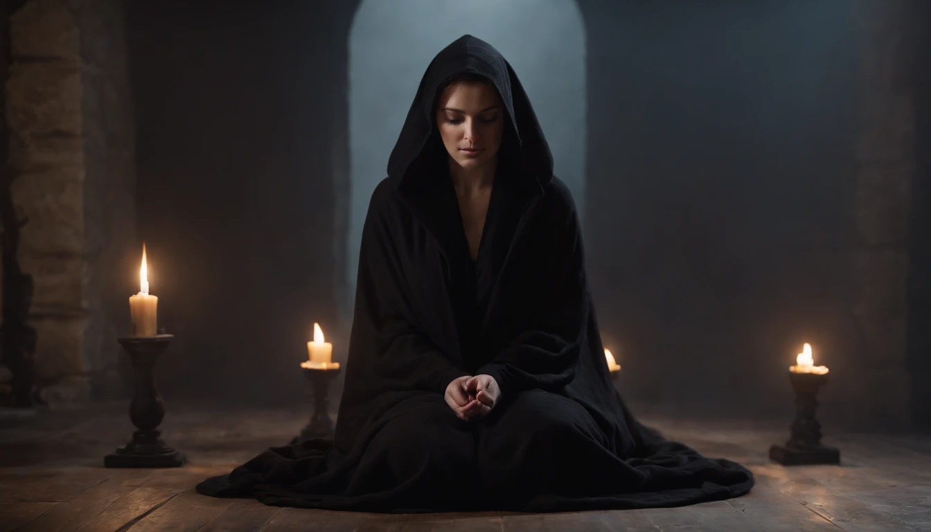 Strange people with black robes and hoods, no faces, only black shadows, surround a woman who is tied by hands and feet on the floor, illuminated by candlelight in the dark, photo realistic, film effects, CGI, VFX, SCI-FI, 4K