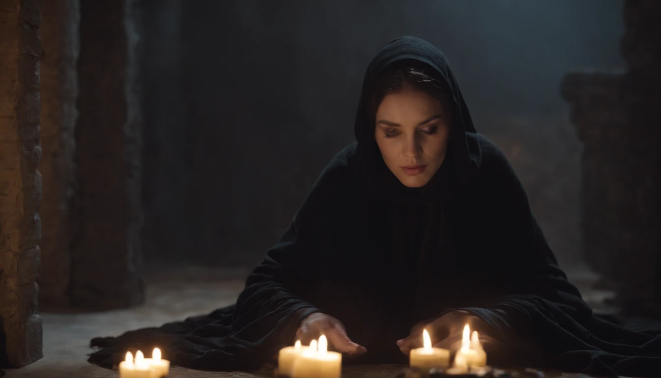 Strange people with black robes and hoods, no faces, only black shadows, surround a woman who is tied by hands and feet on the floor, illuminated by candlelight in the dark, photo realistic, film effects, CGI, VFX, SCI-FI, 4K