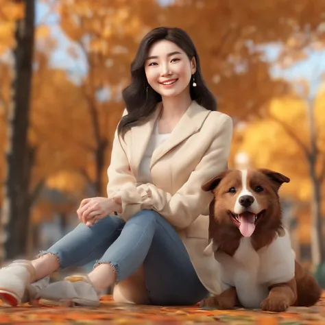 Eliane, a 35 year-old korean woman, is smiling seating in Canada fall with her dog.