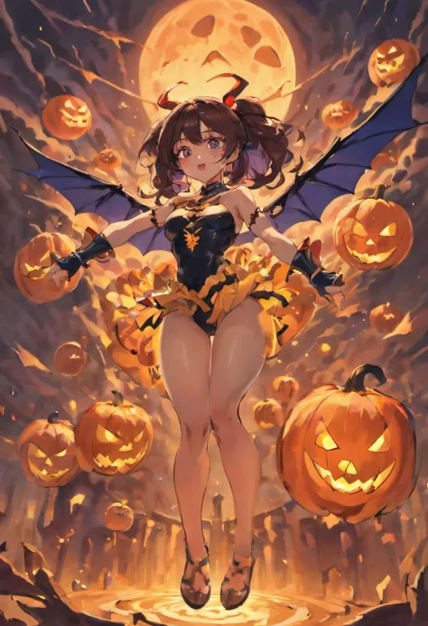 hyper detailed/wet sexy body/ massive breasts/ brown tanned skin/ long black hair/ abs/ blue eyes/  hourglass physique/ black leather shorts/ black & red leather vest/ glowing yellow moon/ night time/ huge jack o lanterns/ raining/ graveyard/ sitting on he...