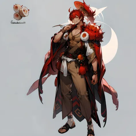 Create a male character inspired by the rambutan fruit. He should have a round, hairy exterior resembling the rambutans skin, with bright, expressive eyes and a warm smile. This character can have the spiky, red hairs of the rambutan as stylish hair or acc...