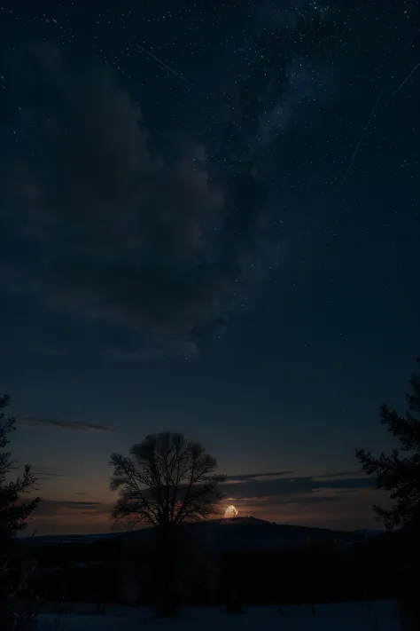 best quality,highres,ultra-detailed,realistic,landscape,detailed night sky,star-filled sky,peaceful moonlight,serene atmosphere,darkened silhouettes of trees,subtle twinkling stars,Wispy clouds gently illuminated by moonlight