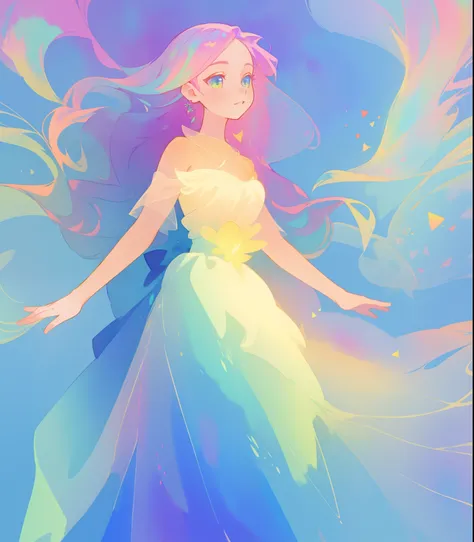 beautiful girl in flowing colorful gradient ballgown, puffy multi-layered ballgown, long flowing colorful hair, vibrant pastel colors, colorful, watercolor illustration, masterpiece, best quality, sharp focus, intricate detail, highly detailed, 8k resoluti...