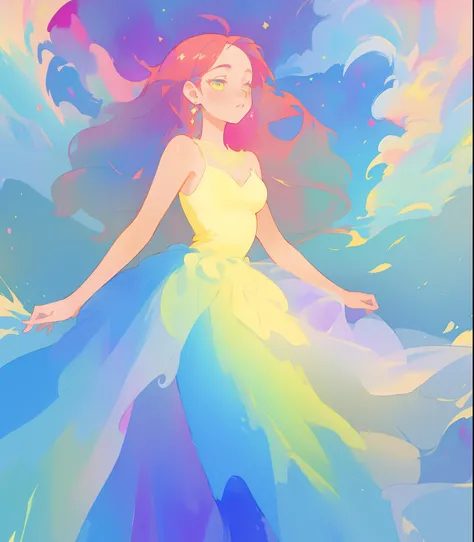 beautiful girl in flowing colorful gradient ballgown, puffy multi-layered ballgown, long flowing colorful hair, vibrant pastel colors, colorful, watercolor illustration, masterpiece, best quality, sharp focus, intricate detail, highly detailed, 8k resoluti...