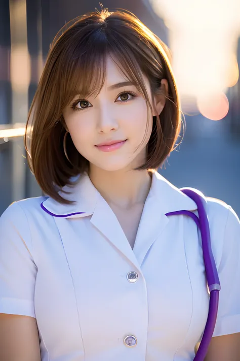 Product quality, 1girl in, Nurse, Full body shot, Composition looking up at the subject from below, Young pretty nurse in Japan, nurses outfit, hyper pretty face, Wearing Wedding Rings, Long bob hair, Glossy lips, Glamorous figure, Double eyelids in both e...