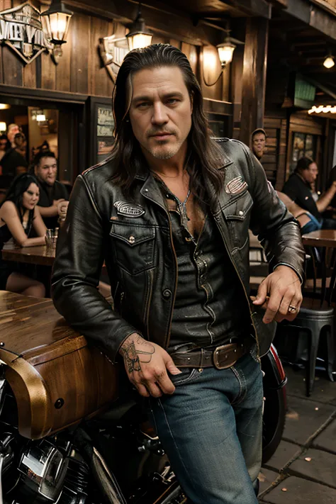 handsome rustic man, with black hair, 50 years old, member of a SONS OF ANARCHY style motorcycle club, with typical clothes, green eyes, well-defined mouth and hands, sitting on a Harley Davidso motorcycle on the patio of a characteristic bar with people d...