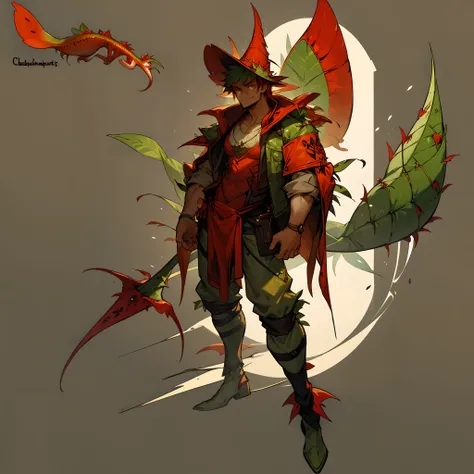 design a male character inspired by the venus flytrap with a red accent. create this character with a rugged, adventurous look, ...