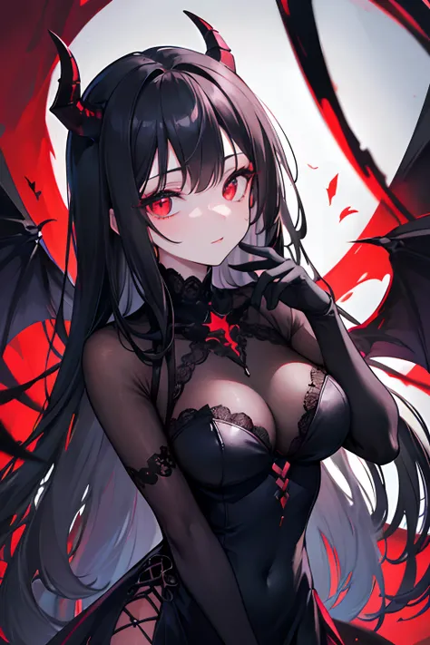 (Best quality,4K,8K,A high resolution,Masterpiece:1.2),Ultra-detailed,Beautiful detailed eyes,Long black hair,Red eyes,Black wings,[Demon wings],Extremely detailed eyes and face,[Black gloves],demon,[Red dress],dark scenery,sportrait,Colorful lighting,Shar...