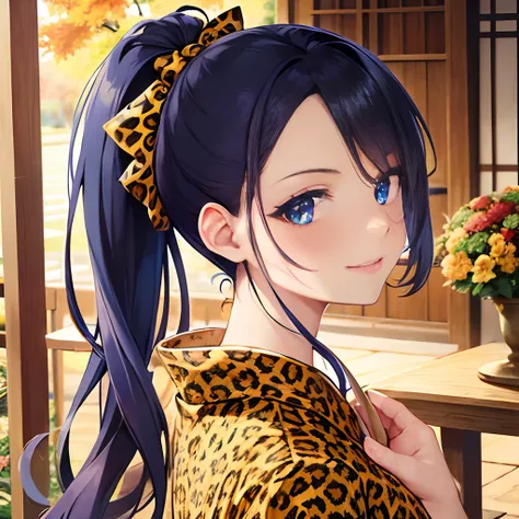 {{{{{masutepiece,Best Quality,ultra-detailliert,8K}}}}},1 woman,Happy laughter,Beautiful ponytail hairstyle,Beautiful face,beautiful large blue eyes,Have a colorful bouquet,Beautiful shrine with autumn leaves in the background,(Leopard print kimono:1.1),