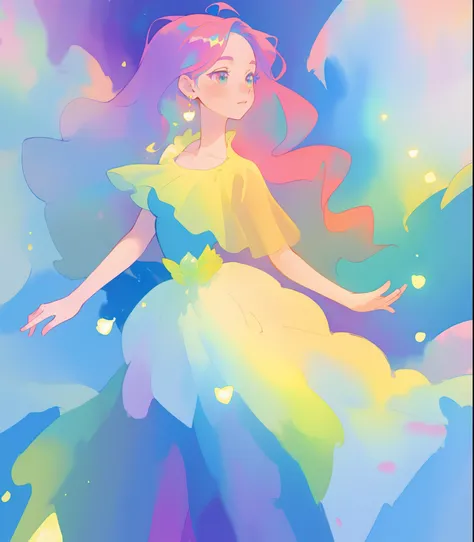 beautiful girl in flowing colorful gradient ballgown, puffy multi-layered ballgown, long flowing colorful hair, vibrant pastel colors, colorful, watercolor illustration, masterpiece, best quality, sharp focus, intricate detail, highly detailed, 8k resoluti...