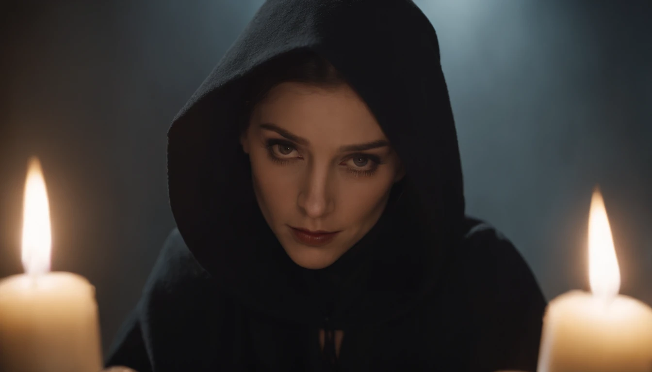 Strange people in black robes and hoods, no faces, only black shadows, surround a woman who is bound hand and foot on the ground in civilian clothes, illuminated by candlelight in the dark, photorealistic, cinematic effects, CGI, VFX, SCI-FI, 4K