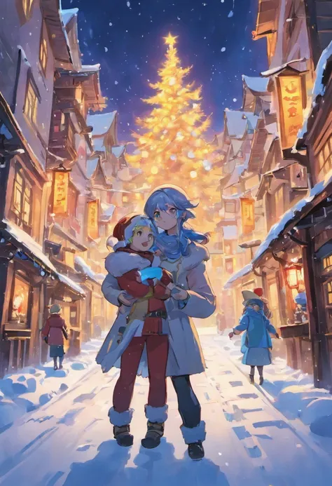 "*image*: An enchanting landscape of a snow-covered plateau with enchanting villages illuminated by colorful lights. Two playful elves adorned with sunglasses and pirate hats、Build a giant snowman for fun."realisitic