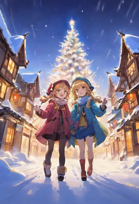 "*image*: An enchanting landscape of a snow-covered plateau with enchanting villages illuminated by colorful lights. Two playful elves adorned with sunglasses and pirate hats、Build a giant snowman for fun."realisitic