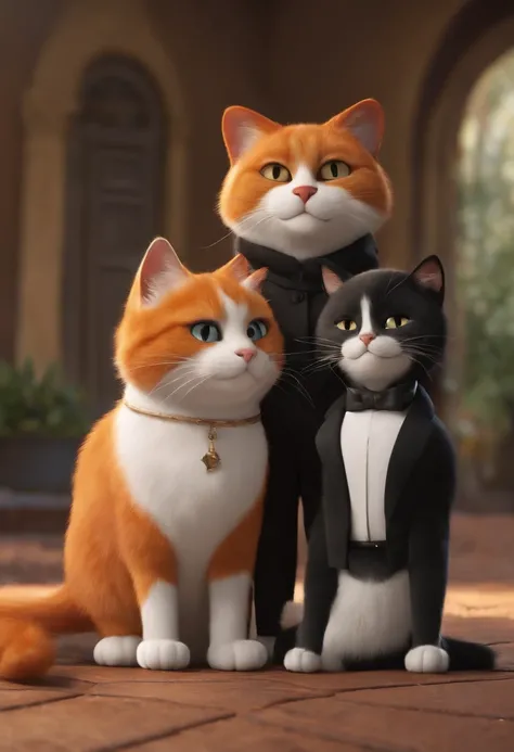 Pixar. Dois homens, somos um casal gay com dois gatos. First boy is white has black hair, olhos castanhos com 30 anos rosto comprido, Nice short hair. The second boy is a young man with dark blond hair, com 30 anos, majo, olhos verdes, pianista e ama seu c...