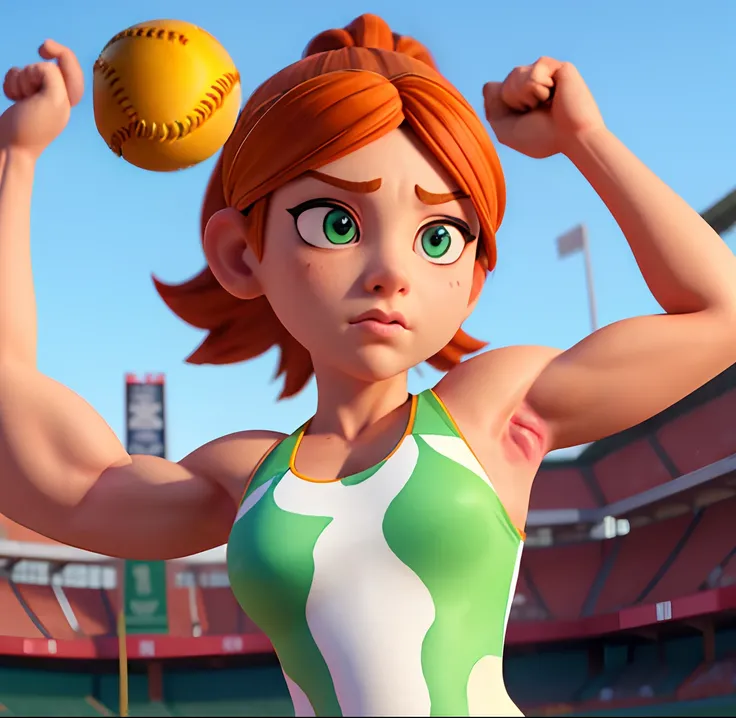 Masterpiece, (watercolor:1.3), (short stack:1.1), forward facing, eyes on camera, serious expression, (action shot:1.4) , (upper body strength:1.3), contrapposto (tattoo:1), softball pitcher, auburn hair, green eyes, (string bikini:1), pitching a softball ...