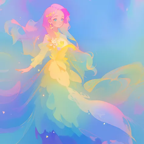 beautiful girl in flowing colorful gradient ballgown, puffy multi-layered ballgown, long flowing colorful hair, vibrant pastel colors, colorful, watercolor illustration, masterpiece, best quality, sharp focus, intricate detail, highly detailed, 8k resoluti...