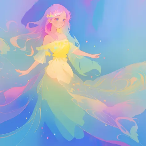 beautiful girl in flowing colorful gradient ballgown, puffy multi-layered ballgown, long flowing colorful hair, vibrant pastel colors, colorful, watercolor illustration, masterpiece, best quality, sharp focus, intricate detail, highly detailed, 8k resoluti...