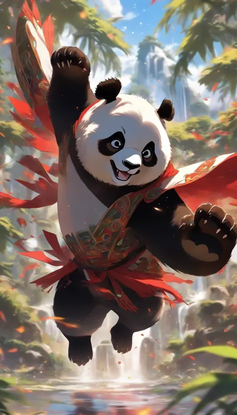 best quality, a male panda, with red eyes, red and black costume, with a white fur smile, in the middle of an oasis, doing a flying