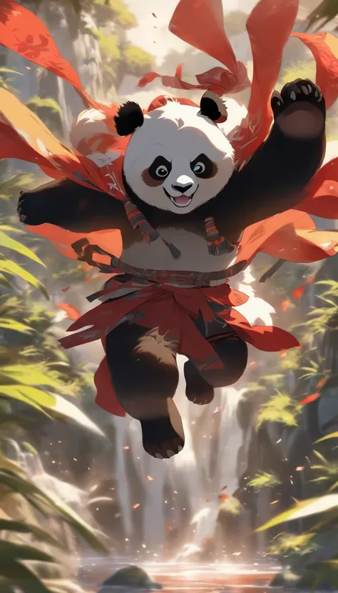 best quality, a male panda, with red eyes, red and black costume, with a white fur smile, in the middle of an oasis, doing a flying