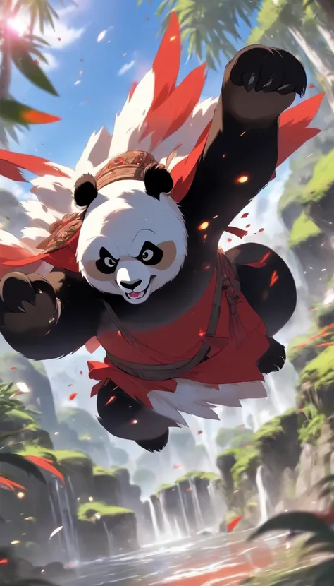 best quality, a male panda, with red eyes, red and black costume, with a white fur smile, in the middle of an oasis, doing a flying