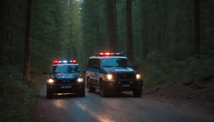 Two police officers from France, lost in the middle of a road in the forest at night, the police vehicle has barbed wire on its rear tires, photorealistic, cinematic effects, CGI, VFX, SCI-FI, 4K