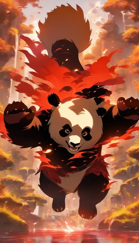 best quality, a male panda, with red eyes, red and black costume, with a white fur smile, in the middle of an oasis, doing a flying, around a murderous red aura