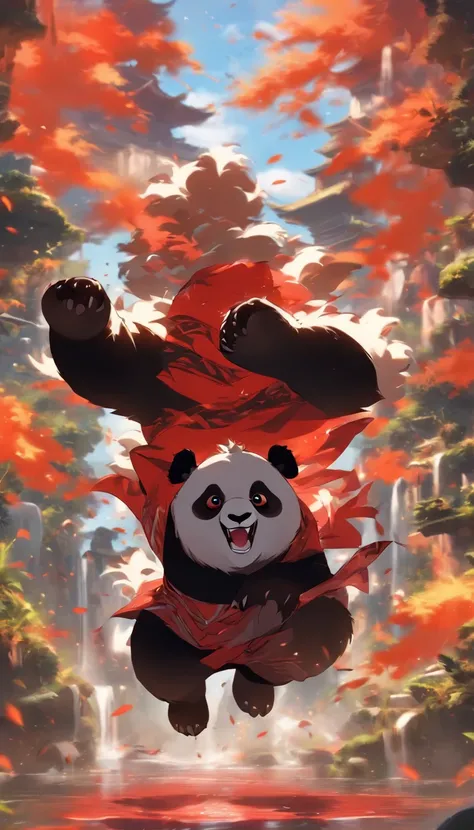 best quality, a male panda, with red eyes, red and black costume, with a white fur smile, in the middle of an oasis, doing a flying, around a murderous red aura