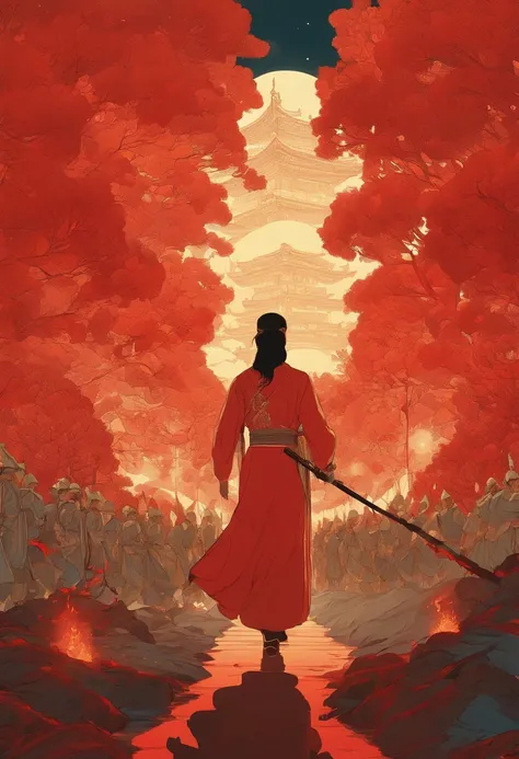 Light of Faith poster,  Deviant-art, Sots Art, Official artwork, Light of Hell, official poster artwork, ( ( victo ngai ) ), ,anime still film anime shikishi，Nezha painting style ，Compile art，A squad of troops marched forward，Surrounded by red flames，red c...