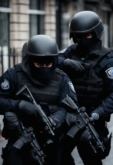 BOPE police officers dressed in black vest and British face and balaclava covering the entire face only the eyes from the outside