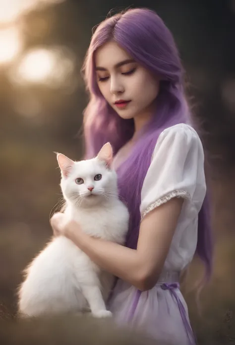 （best qualtiy，A high resolution），1girll，front-facing view，appropriatelydressed，Holding a cute little white cat，Long purple hair，Silver-white clothes，Yellow warm light background，Heartwarming scene，The head leaks out completely。