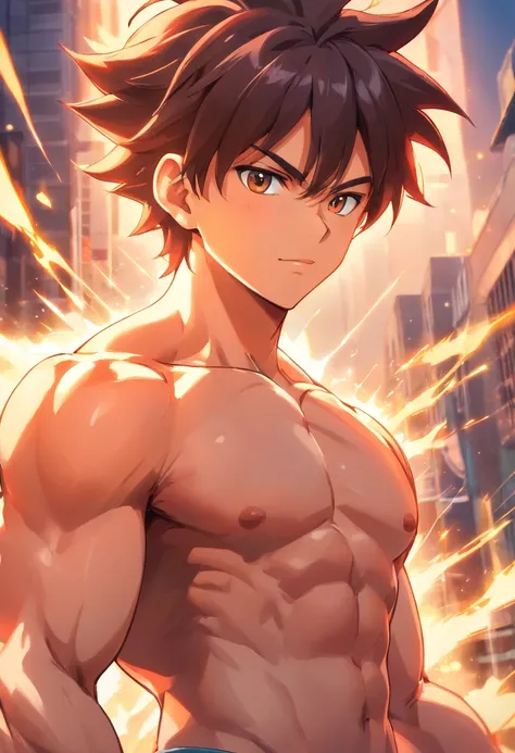 muscular，Filho Goku，Ele estava nu，Use cuecas brancas sexy：1.2，olhos hipnotizantes，alto e corpulento，musculoso，alto, corpulento e forte， Extremely detailed representation of faces，exquisite facial features，super ganho e cool， commission for high resolution，...