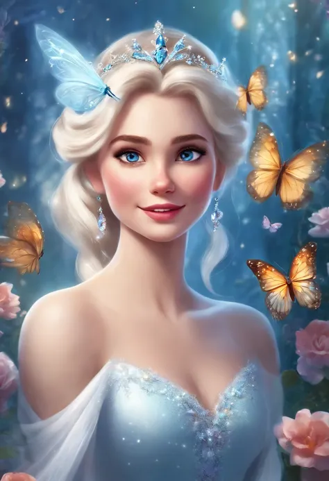 Disney princess in a white dress surrounded by butterflies, Beautiful Elsa, with frozen flowers around her, princess of light, very magical and dreamy, Elsa Frozen, Disney Concept Art, Disney Art Style, Frozen Elsa, Shine with magic, magically glowing, fan...