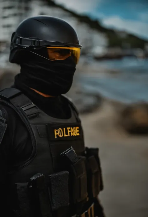 Policial do Bope rio de janeiro vestido com colete preto e rosto carioca e balaclava, cobrindo todo o rosto apenas os olhos de fora, realista