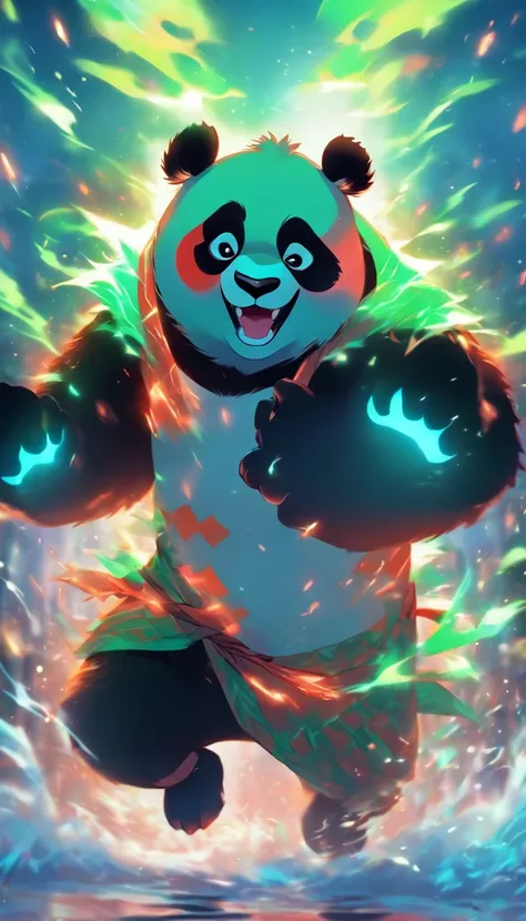 best quality, a male panda, with green eyes, blue and white costume, with a killer smile, white fur, around a red aura, jumping over a lake