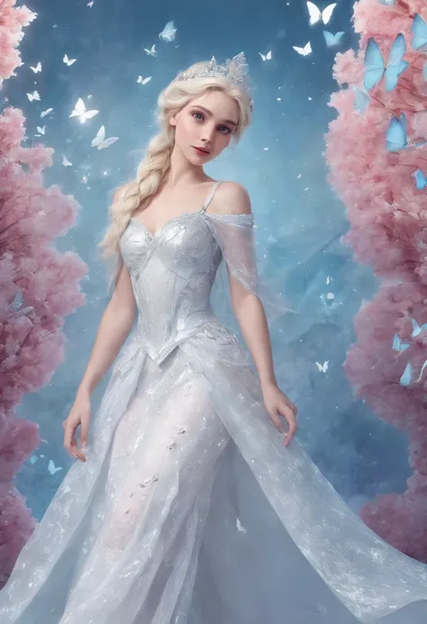 Disney princess in a white dress surrounded by butterflies, Beautiful Elsa, with frozen flowers around her, princess of light, very magical and dreamy, Elsa Frozen, Disney Concept Art, Disney Art Style, Frozen Elsa, Shine with magic, magically glowing, fan...