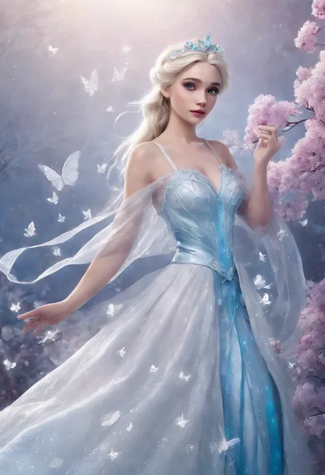 Disney princess in a white dress surrounded by butterflies, Beautiful Elsa, with frozen flowers around her, princess of light, very magical and dreamy, Elsa Frozen, Disney Concept Art, Disney Art Style, Frozen Elsa, Shine with magic, magically glowing, fan...