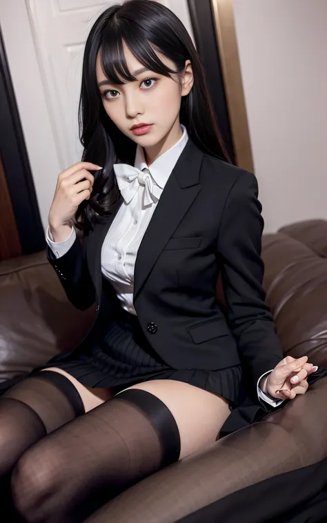 Charming beauties、thighband pantyhose、Suit jacket、Black pleated skirt、Glossy legs、Dyed in darkness、lacy fabric、Brainwashing makeup、brainwashed、Hollow eyes