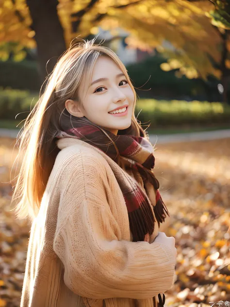 top-quality、​masterpiece、(Photorealsitic:1.4)、1girl in、smile eyes、(ulzzang -6500-v1.1:1.0)、a blond、Brown eyes、22year old、Beautuful Women、女優、Autumn clothes、full body Esbian