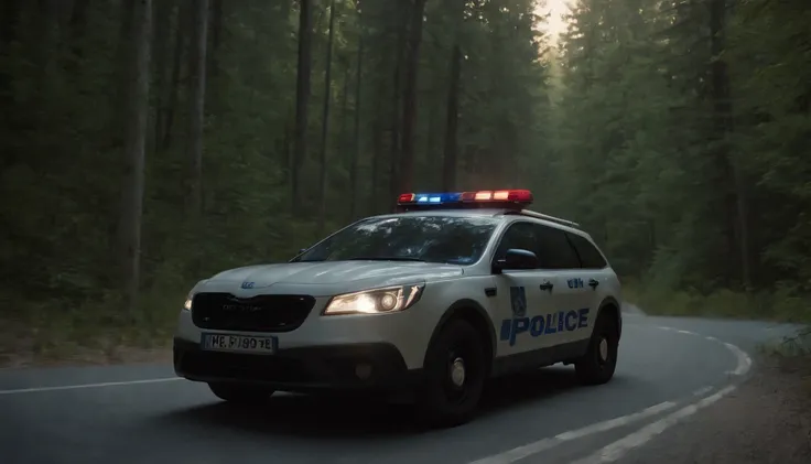 Two police officers from France in the dark night, lost in the middle of a road in the forest at night, the police vehicle has barbed wire on its rear tires, has sirens on in the night, Antlers movie style, director Guillermo del Toro style, photorealistic...