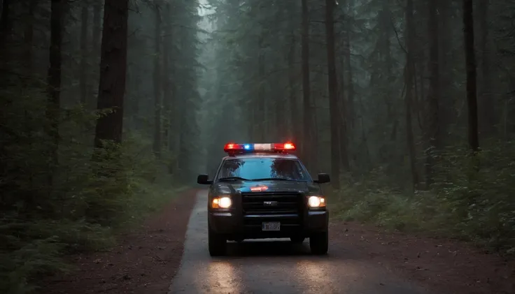 Two police officers from France in the dark night, lost in the middle of a road in the forest at night, the police vehicle has barbed wire on its rear tires, has sirens on in the night, Antlers movie style, director Guillermo del Toro style, photorealistic...