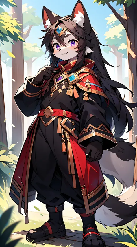 A male wolf with a height of 180 cm，Blue-purple eyes, , Long black hair, Tail,  The upper body shows off the perfect body，red and black costume，With a smile，Two small ears，Stand with fair skin ，ln the forest