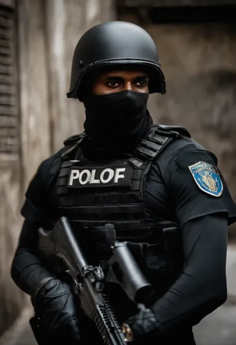 Policial do Bope rio de janeiro vestido com colete preto e rosto carioca e balaclava cobrindo todo o rosto apenas os olhos de fora, pele branca. realista e retrato